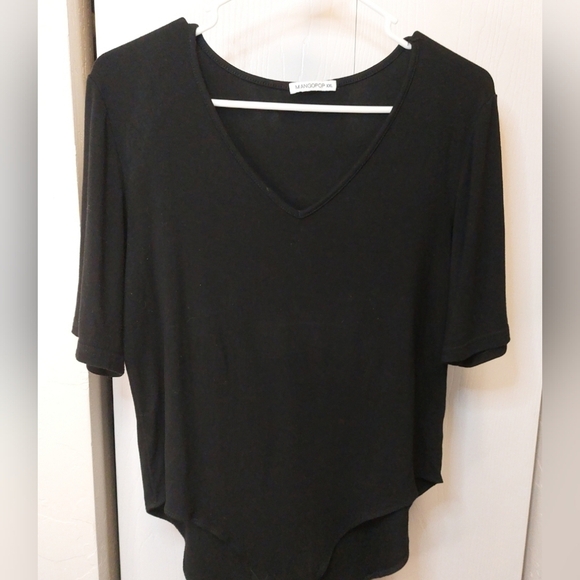 Mangopop V Neck Short Sleeve Stretchy Basic Black Bodysuit Shirt Size 2X Classic - Picture 2 of 7